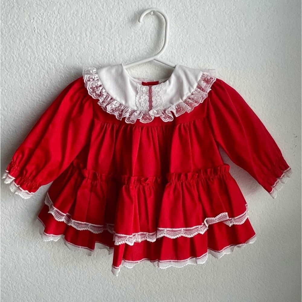 Adorable handmade Red Baby Dress with Lace Trim and collar